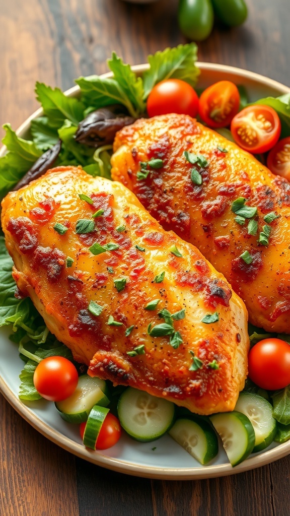 Healthy Air Fryer Chicken Recipe Crispy air fryer chicken breasts on a plate with salad, garnished with herbs.